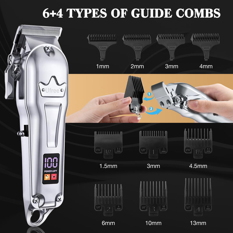 Ufree Hair Clippers for Men Professional, Barber Clippers and Trimmers Set, Cordless Hair Clippers for Hair Cutting Kit with LED Display, Electric Hair Trimmer, Gifts for Men, Silver - PawsPlanet Australia
