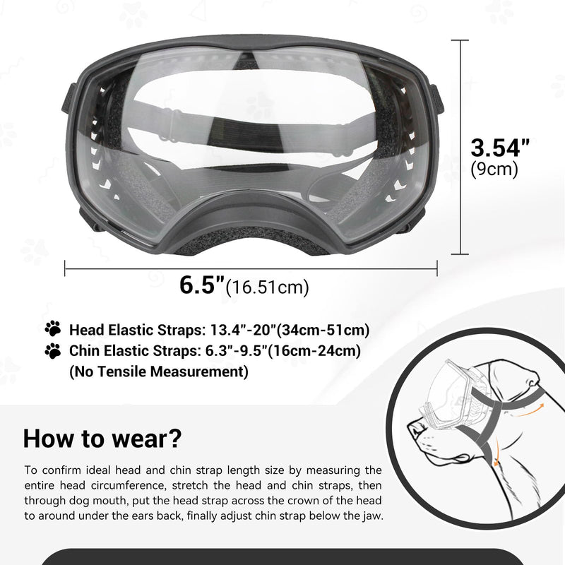 NAMSAN Clear Dog Goggles Medium Large Dog Sport Sunglasses UV Protection Soft Pet Goggles Deep Eyecups Fog/Windproof Outdoor Eyewear for Medium-Large Dogs, Black Black/Clear Lens