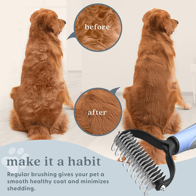 Dog Brush Long Hair, Cat Deshedding Brush Animals Stainless Steel Double Sided Deshedding Tool for Long, Medium and Short Hair (Blue) Blue+Comb