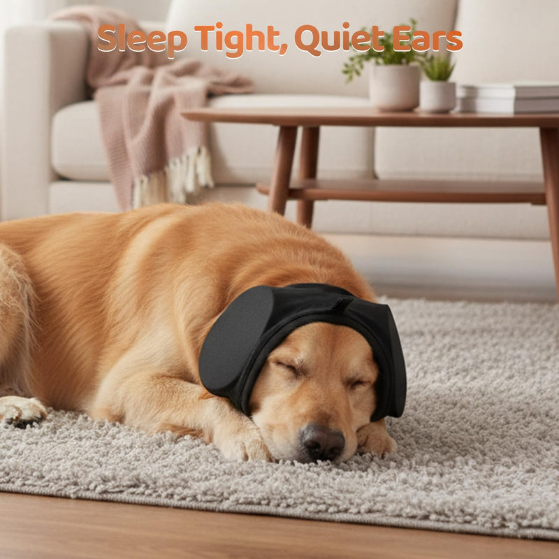 Dog Ear Defender Noise Cancelling - Warm Dog Ear Protector Muff Warp for Calming Anxiety Relief Hear Protection Adjustable Puppy Head Cover Hat for Sleep Groom Drying Firework Thunder Black