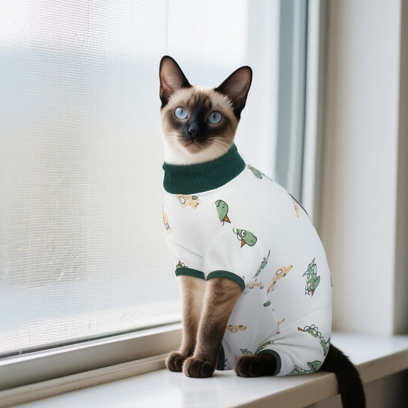DENTRUN Cat Surgery Recovery Suit Female Male Soft Onesie, Kitten Surgical Collar Cone Alternative Shirt, Abdominal Wounds Anti-Licking Pajama for Small Pets Spay, Cat Body Suit Post Surgery XL Green Dinosaur - PawsPlanet Australia