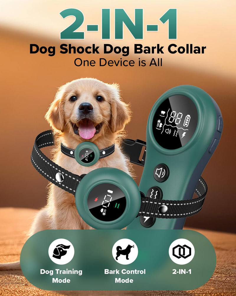 [New 2025] 2-in-1 Dog Shock Collar & Bark Collar – 3300FT Dog Training Collar with Remote, Automatic Anti-Barking, 5 Adjustable Sensitivity Levels, IP67 Waterproof E-Collar for Small Medium Large Dogs Green Calke - PawsPlanet Australia