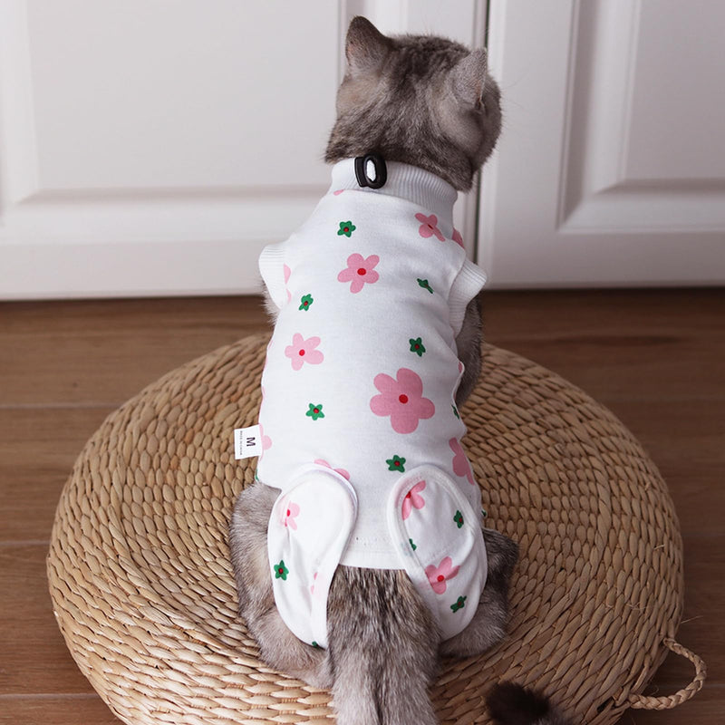 Cat Surgery Recovery Suit, Anti Licking Postoperative Onesie with Roll-Up Design, Soft Breathable Bodysuit Shirt for Female Spay Male Neuter Abdominal Wound Kitten E-Collar Cone Alternative Flower L