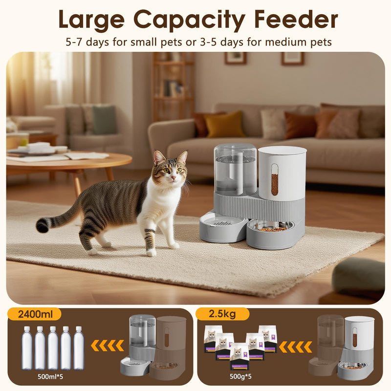 Automatic Gravity Cat Dog Feeder and Water Dispenser with 304 Stainless Steel Bowls 2 in 1 360 Degree Rotatable Auto 2.4L Dry Food and 2.6L Water Bowl for Small Medium Pet Dog Puppy Kitten (Gray) Gray - PawsPlanet Australia