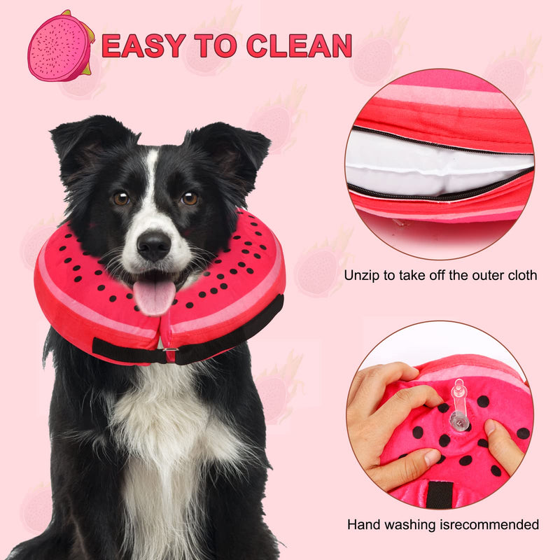 Pitaya Inflatable Dog Donut Collar, Soft Recovery Cone for Large, Medium & Small Dogs & Cats, Adjustable E Collar, Does not Block Pet Vision Red Pattern Plush Fabric-XL