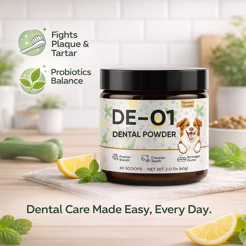 Dental Powder DE-01 - Dog Dental Powder Supplement for Teeth Cleaning Powder to Reduce Plaque, Tartar Build-up, and Bad Breath, Oral Microbiome Balance - 2oz - PawsPlanet Australia