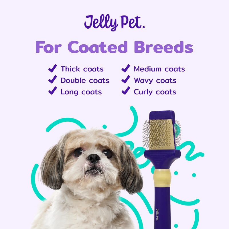 Jelly Pet Double Sided Dog Slicker Brush, Longer Pins, Flexible Head, Fine/Coarse Sides, Removes Unwanted Tangles, Small, Purple - PawsPlanet Australia