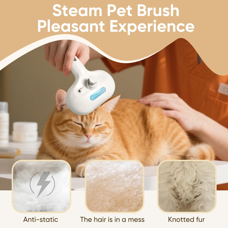 3-in-1 Cat Steam Brush – Pet Grooming & Shedding Comb with Gentle Steam Spray, One-Click Hair Release, Steam Pet Brush for Long & Short Hair Cats & Dogs (White) - PawsPlanet Australia