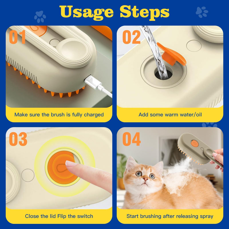 Cat Steam Brush for Shedding - 4 in 1 Rechargeable Steam Brush for Cats and Dogs, Anti-Static, Massage, Cleaning, Shedding & Combing All In One - PawsPlanet Australia