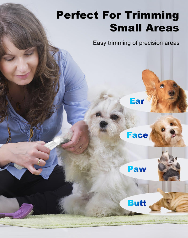 Dog Paw Trimmer for Grooming, Cordless Electric Dog Clippers with LED Light, Rechargeable Low Noise Small Pet Shaver for Trimming Cat's Hair Around Eyes, Faces, Ears, Paws, Rump(White) White