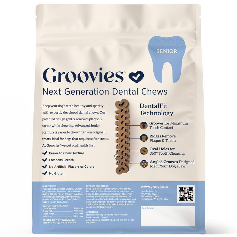 Groovies Gentle & Flexible Senior Dog Dental Chews, Contact-Cleaning Design Supporting Tartar Control & Fresh Breath, Oral Care Treats, USA Manufactured, Patented DentalFit Tech, Small Dogs, 43 Chews Small(5-15 lbs) 12 Ounce - PawsPlanet Australia