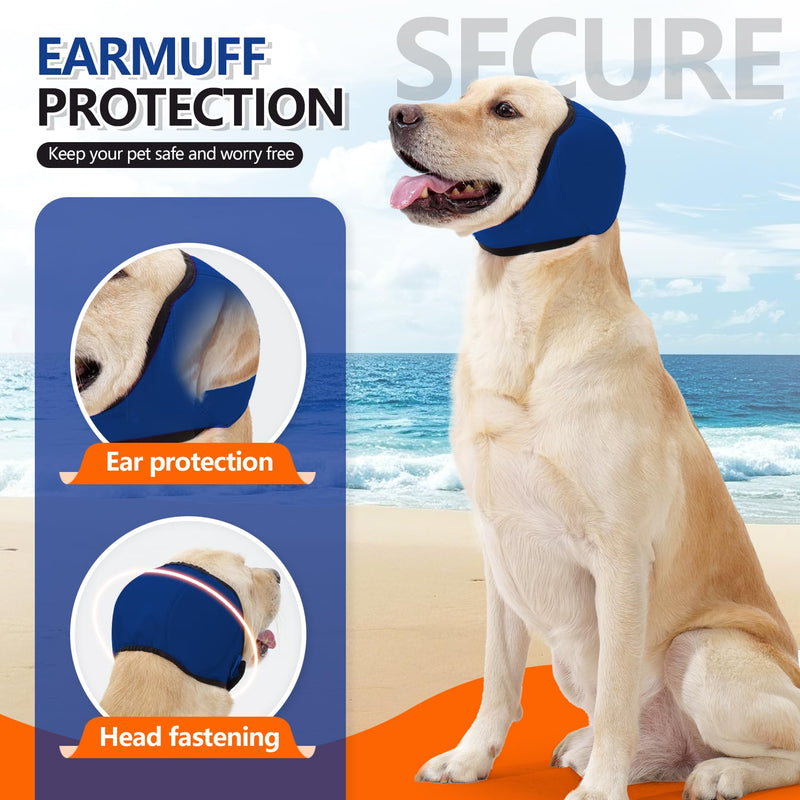 JOHNBOLIN Dog Ear Muffs & No Shake Ear Wrap for Hematoma, Bathing, Drying & Noise Anxiety Relief - Elastic Waterproof Ear Protector with Calming Hoodie Design for Grooming (Blue, M) Medium(Head Circle:14"-19") Blue