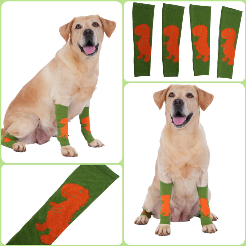 LovinPet 4-Pack Dog Knee Sleeves, Dinosaur-Style Leg Warmers for Medium & Large Dogs, 4-Way Stretch, Anti-Lick Coverage, Warm & Comfy Fit, One Size,Green Orange Green Orange