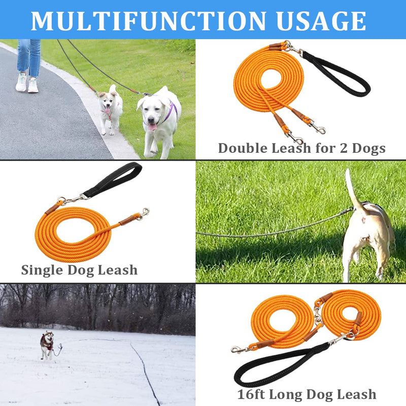 8 FT Double Dog Leash, 2 Way Mulitiple Dog Leash Detachable No Tangle with Soft Padded Handle, 1/4" Rope Dual Lead for 2 Dogs Outdoor Walking (Orange Yellow) 8ft* 1/4" orange yellow - PawsPlanet Australia