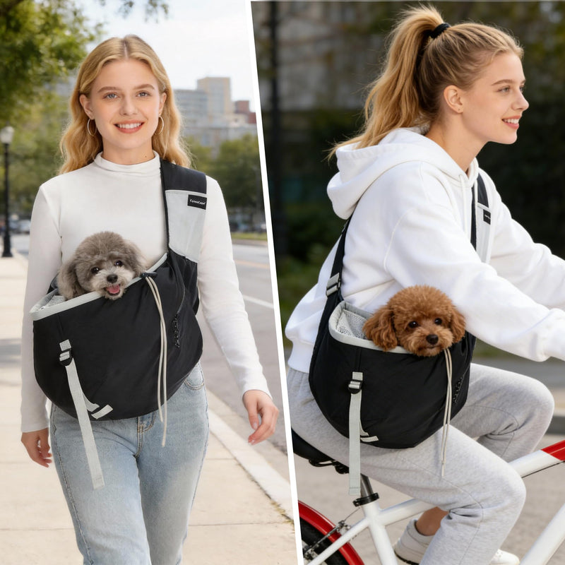 Dog Carrier Sling for Small Dogs - Hands-Free Pet Puppy Carrying Bag with Adjustable Shoulder Strap, Safety Leash - Dachshund Chihuahua Pomeranian Yorkie Cat Backpack Purse Accessories Black - PawsPlanet Australia