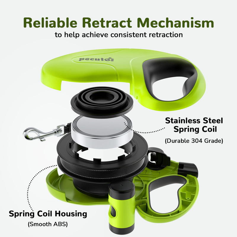 Pecute Retractable Dog Leash with Poo Bag Holder, 10m/32ft Extended dog Leash with 360° Tangle-Free, Anti-Slip Handle and Quick Brake Button, Suitable for Dogs Up to 110lbs/50kg in Weight Green 10 m | Max 50 kg