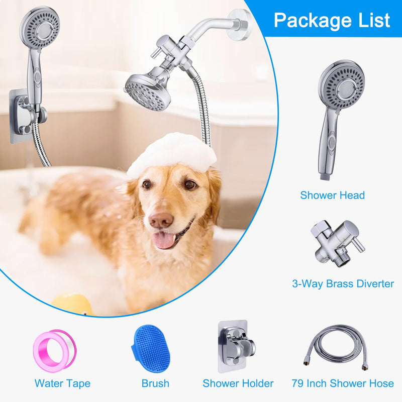 Dog Shower Attachment,Shower Head Sprayer Attachment with ON/OFF Shower Head, Brass 3-Way Diverter for Connecting Shower Arm, Stainless Steel Hose, Dog Brush and Adhesive Holder for Convenient Bathing - PawsPlanet Australia