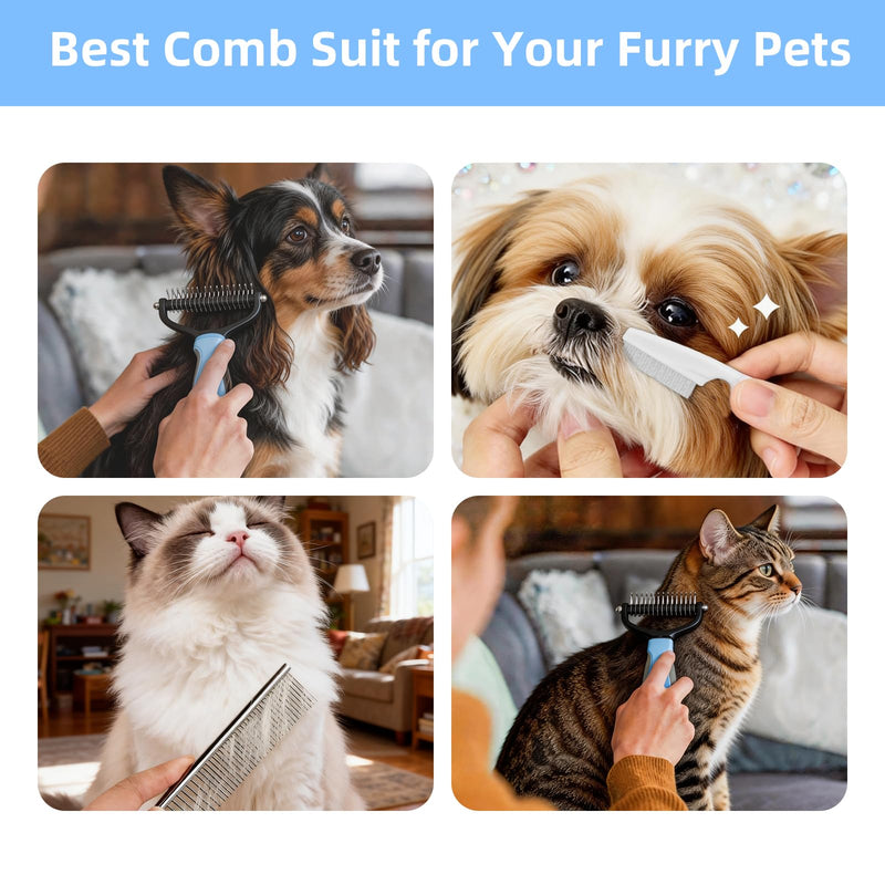 3Pcs Pet Grooming Combo Kit, Blue Deshedding Brush & Metal Comb & Tick Removal Comb for Dogs, Cats and Horses, Pet Flea Comb for Detangling and Dematting Long, Matted Fur on Goldendoodles Poodles 3pcs pet comb kit