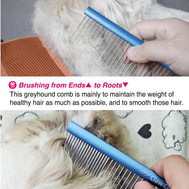Greyhound Oval Grooming Comb – Aluminum handle, Stainless Steel Teeth Comb for Long-Haired Dogs & Cats, Removes Mats, Tangles, and Loose Fur – Lightweight for Deshedding (Silver/Blue, 9.8") Silver/Blue 9.8" - PawsPlanet Australia