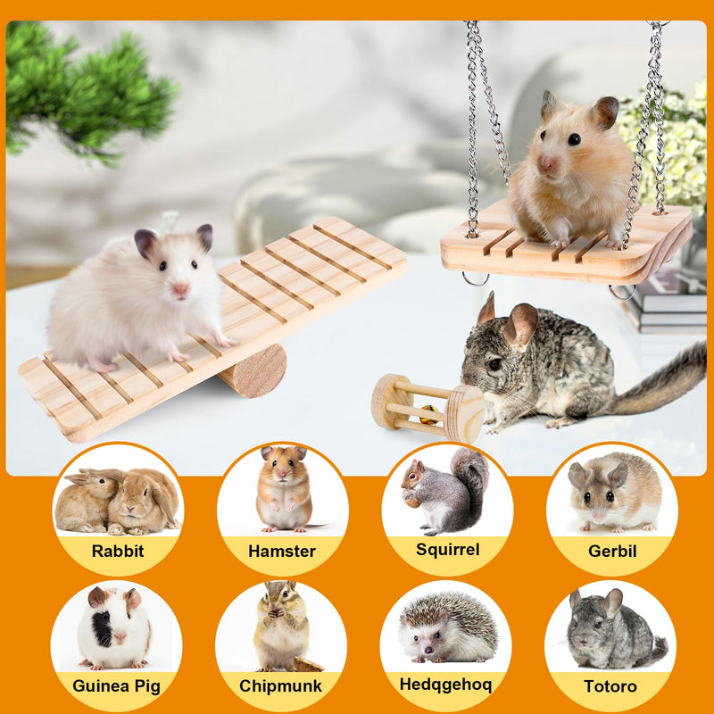 Hamster Toys Set, Guinea Pig Toys Small Animal Chewing Toy and Rat Cage Accessories, Chinchillas, Gerbils, Rats, Rabbit Rodents Teeth Care, Apple Wood Timothy Hay Mouse Toy Swing Seesaw Bridge Styles-4