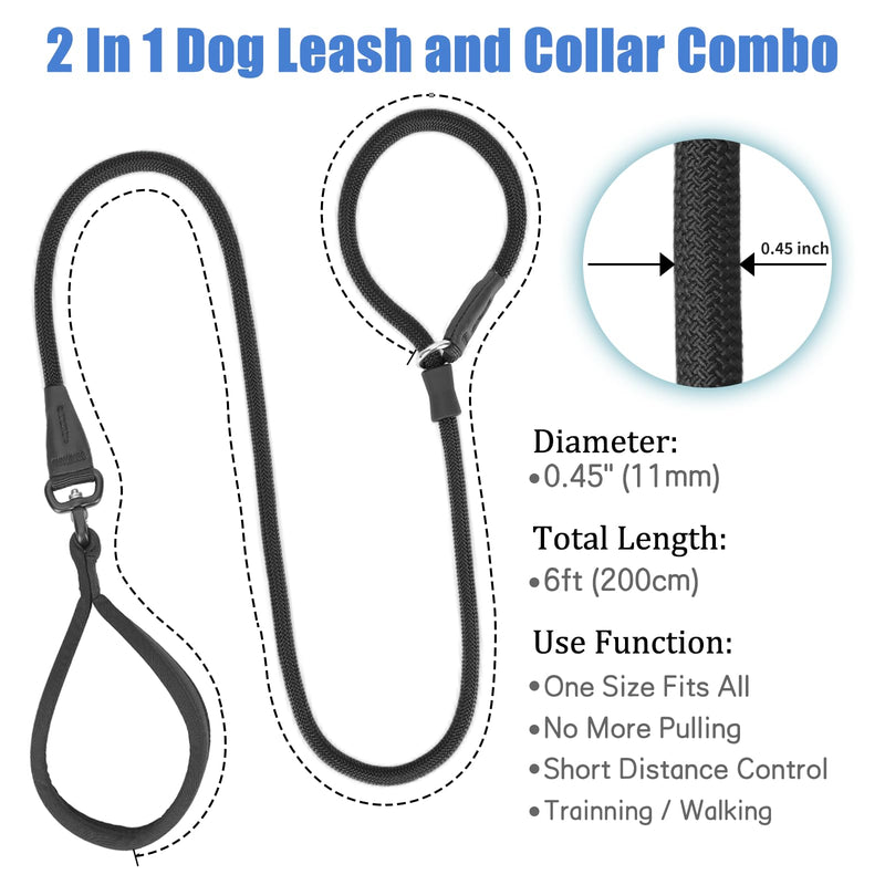 Heydoggy Slip Lead Dog Leash - Strong 4FT/6FT Training Lead [360 Swivel Anti-Tangle] Durable Nylon No Pull Walking Rope for Small Medium Large Puppy Dogs - 6ft Black 6ft x 0.45" - PawsPlanet Australia