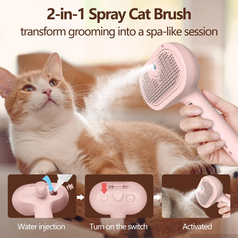 L&W BROS. Steam Grooming Brush for Shedding and Detangling – Self-Cleaning Steamy Pet Brush with Mist Spray for Long-Haired Cats and Small Dogs (Pink) Pink - PawsPlanet Australia