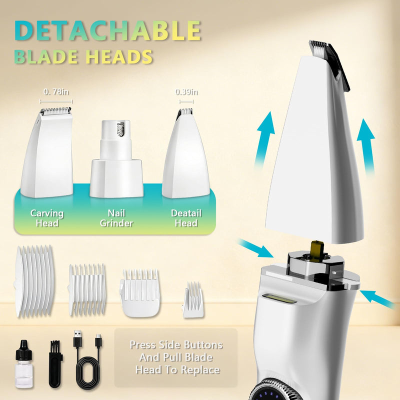 5-in-1 Dog Grooming Kit, Dog Paw Trimmer with LED Display and Light 11-Speed Rotary Knob Low Noise Stainless Steel Blade, Wireless Charging Pet Shaver Ideal Trimming Paw Eye Ear Facial Hair Pet Clipper