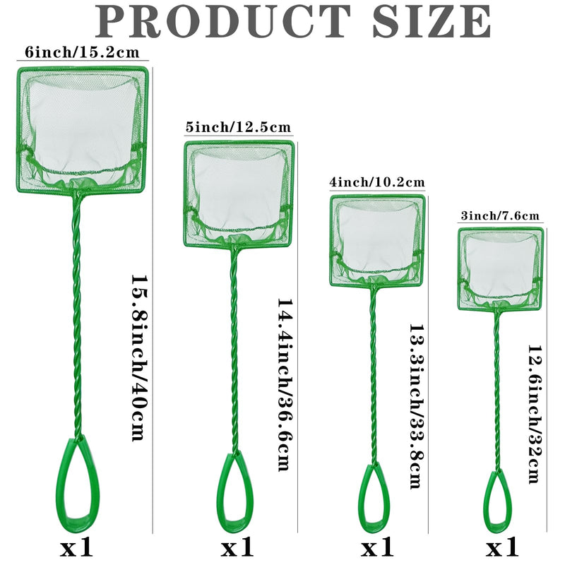 4 Pack Aquarium Fish Net, Multi-Size Fine Quick Fish Catch Nets Nylon Fishing Mesh Nets with Long Plastic Handle for Fish Tank - Green (3in, 4in, 5in, 6in) - PawsPlanet Australia
