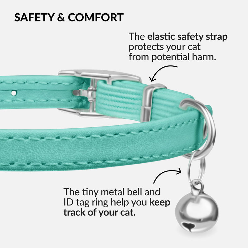 CollarDirect Leather Cat Collar with Bell - Kitten Collar, Small and Big Cat Collar for Boy Cats, Girl Cats with Safety Elastic Strap (Neck Fit 8"-11", Mint Green) 8-11 Inch (New)