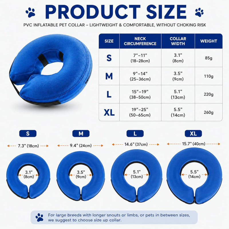 Inflatable Dog Collar, Soft Protective Collar, Blue, L | Dogs with a neck circumference of 38-50 cm, soft donut collar with clear view, washable cover and adjustable fit