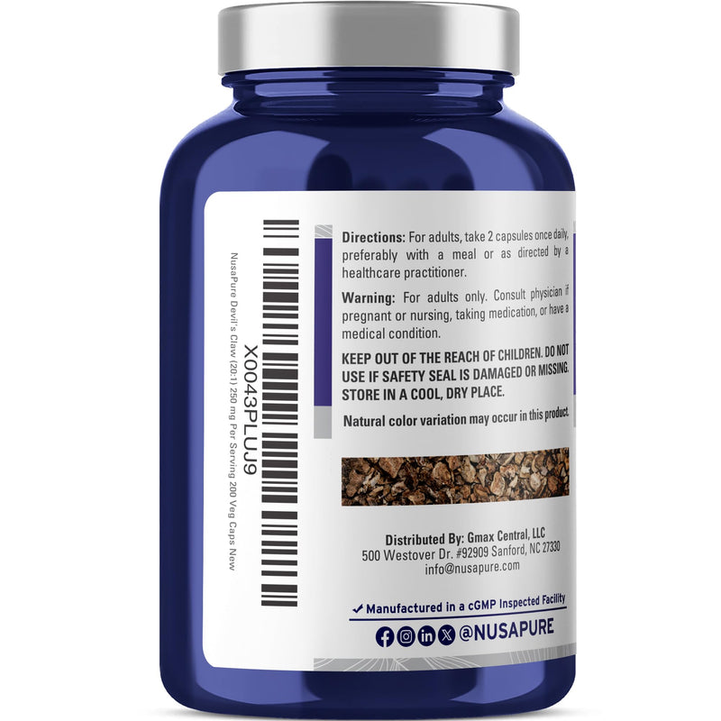 NusaPure Devil's Claw, 250 mg, 200 Veg Capsules (Non-GMO, Vegan) - PawsPlanet Australia