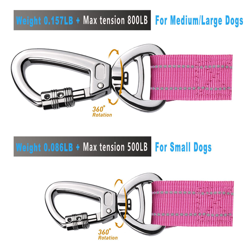 Heavy Duty Dog Leash, Reflective Dog Leashes with Car Seat Belt and Soft Padded Handle, 4-6ft Strong Dog Leash for Training, No Pull Bungee Dog Leash for Large Medium Dogs, Pink M-L