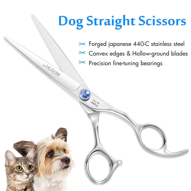 JASON 7" Straight Dog Grooming Scissors, Ergonomic Pets Grooming Shears, Premium Cats Trimming Kit with Offset Handle and Jewelled Screw, Sharp, Comfortable Christmas Gift 7.0" - PawsPlanet Australia