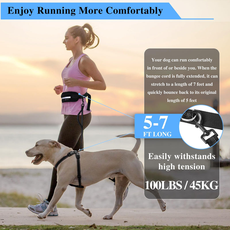Tails & Tales Hands Free Waist Leash for Dog Walking Running Hiking with Zipper Pouch, Adjustable Belt, Dual Padded Handles, Reflective Bungee Design for Small to Large 100lb Dogs (Black) Black - PawsPlanet Australia