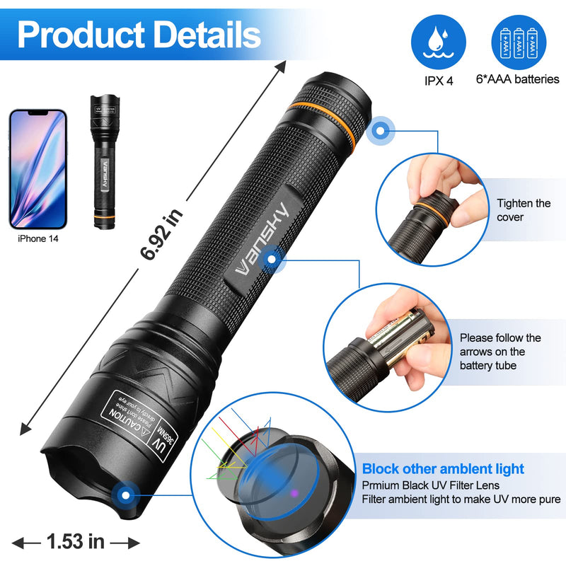 Vansky X7 Pro 365nm UV Light Blacklight Flashlights: LED Black Light Flashlite Professional Ultraviolet Flashlight Pet Urine Detector for Dog Cat, Resin Curing and Rock Hunting(Batteries are Included)