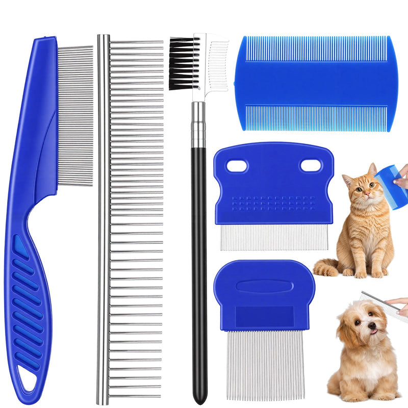 6 Pack Flea Comb, Fine & Wide Tooth Lice Comb for Remove Fleas Lice Eggs, Double-Sided Tear Stain Remover, Stainless Steel Dog Cat Grooming Combs With Rounded Teeth for All Types of Pets