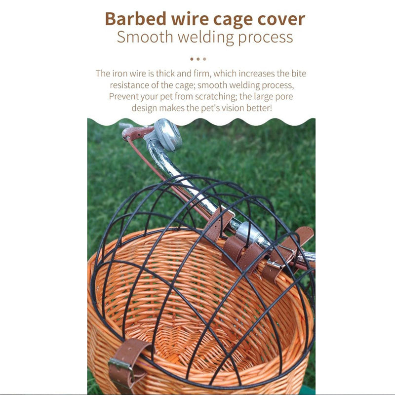 Wicker Bike Basket for Small Dogs Cats Pet Carrier Front Basket with Wire Mesh Cover (Honey Color) Honey color - PawsPlanet Australia