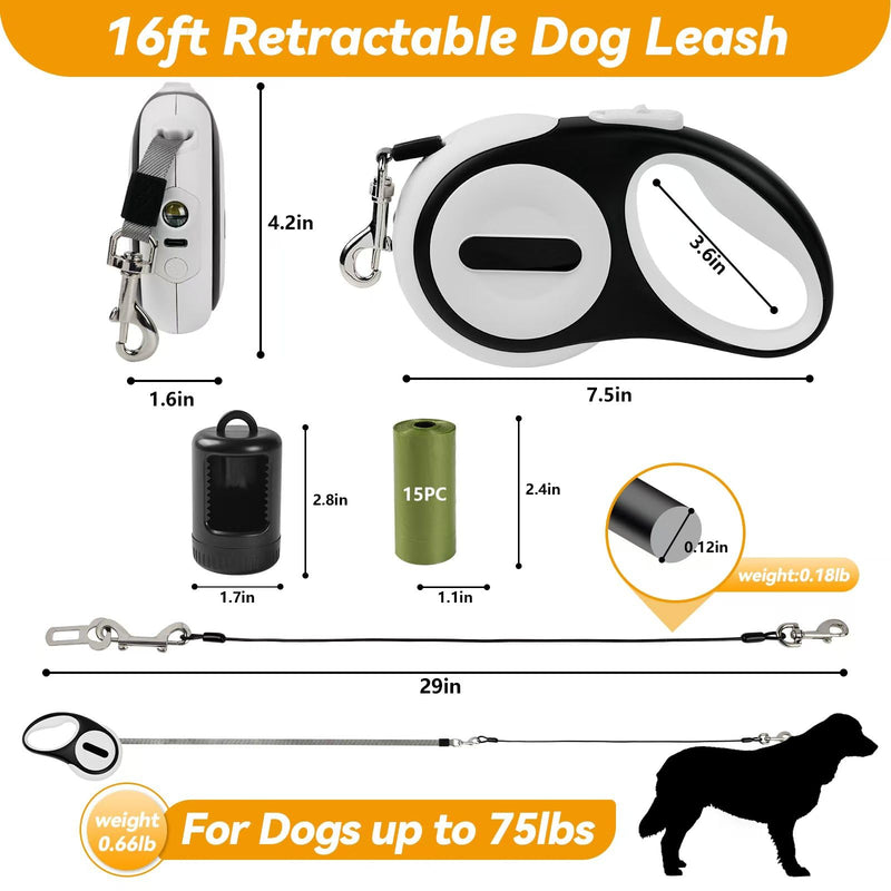 Retractable Dog Leash 16ft, 360° Tangle-Free, with Chew Proof Cable, LED Light, Dispenser, 2 Poop Bags. One Button Brake & Lock, Anti-Slip Handle, for Dogs Up to 75lbs. (White, 16ft) White - PawsPlanet Australia
