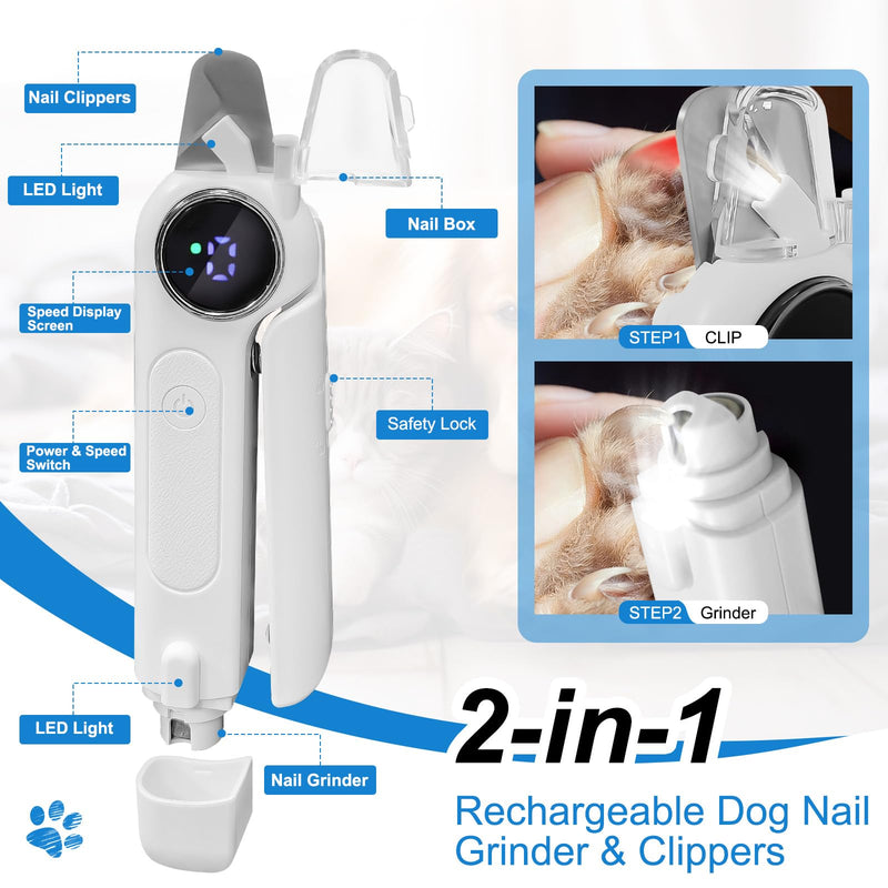 2-in-1 Dog Nail Clippers and Grinder, Electric Dog Nail Trimmer for Large Medium Small Dogs & Cats with 3 Speeds, USB Rechargeable, Quick Sensor, Splash Guard & LED Lights, Safe & Painless (White) White - PawsPlanet Australia