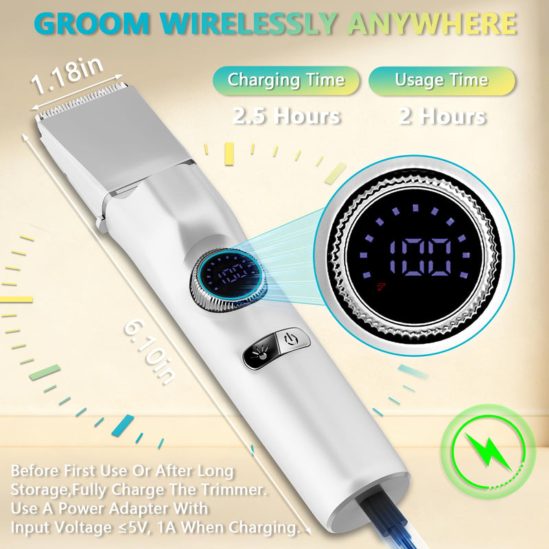 5-in-1 Dog Grooming Kit, Dog Paw Trimmer with LED Display and Light 11-Speed Rotary Knob Low Noise Stainless Steel Blade, Wireless Charging Pet Shaver Ideal Trimming Paw Eye Ear Facial Hair Pet Clipper