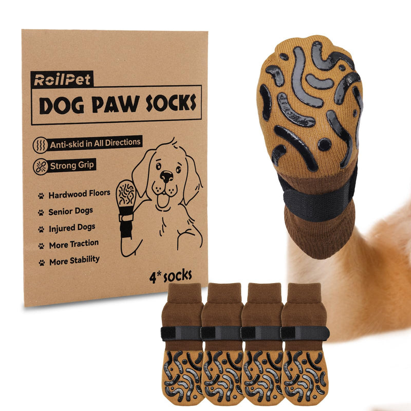 Double Sides Non-Slip Dog Socks to Prevent Licking Paws - Strong Traction for Paw Protector, Senior Dogs, Hardwood Floors, Dog Booties with Grippers - Size Large Caramel Large(Pack of 4)