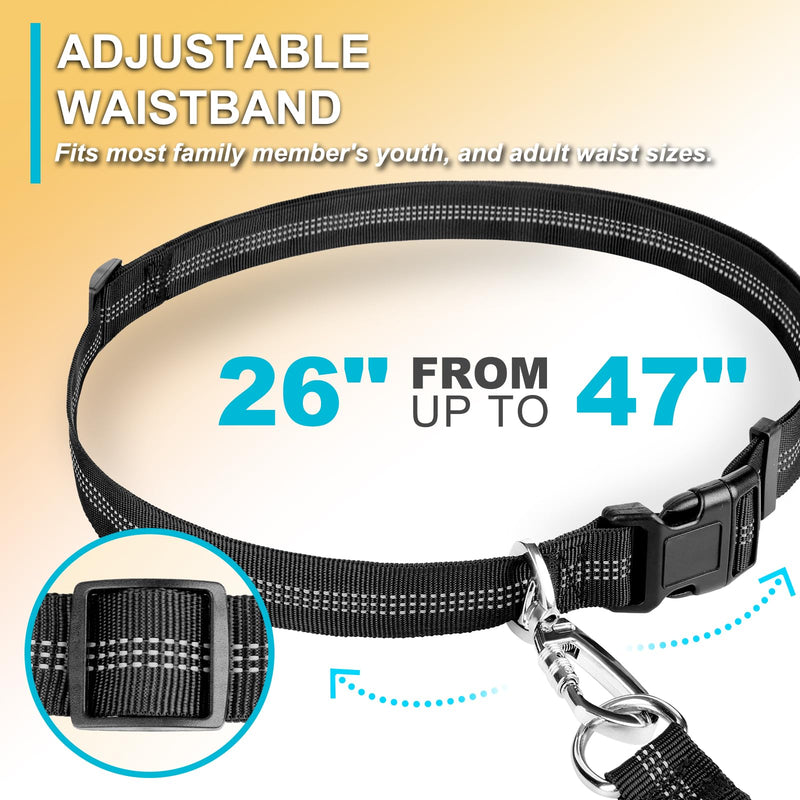 Hands Free Dog Leash, Adjustable Waist Leash for Dog, Handle Bungee Dog Leash 4.2-6.7 Feet Long with Reflective Stitches for Walking Hiking Running, Fits 26"- 47" Waist, Black & Blue Black-Blue - PawsPlanet Australia