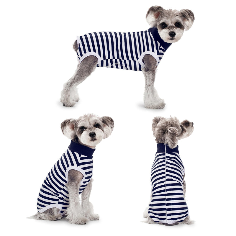 Striped Dog Surgery Suit Female Male Dog Recovery Body Suit After Surgery, Soft Cotton Surgical Recovery Vest Pet Medical Shirt Button Closure, Wound Protection, Easy to Wear, Dark Navy S