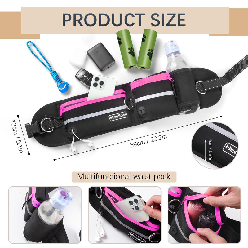 Hands-Free Dog Leash with Pouch, Waist Leash for Walking Two Dogs, Reflective Stitching, Dual Handle, Bungee Retractable for Medium to Large Dogs - Pink,Dog Walking Accessories - PawsPlanet Australia