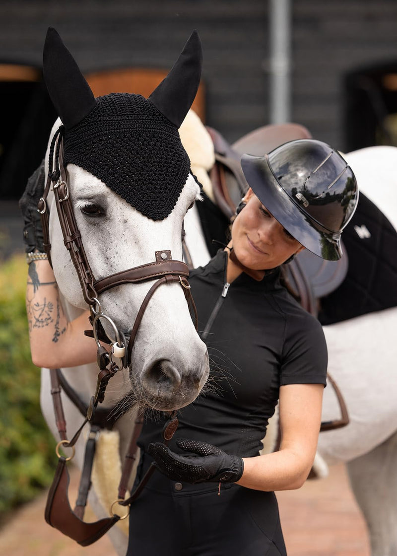 Equine Care Horse Fly Bonnet Full Size Black – Breathable Cotton Crochet Ear Bonnet, Fly Veil & Ear Net for Horses with Noise Reducing Cotton Ears for Dressage, Hunter Jumper & English Riding