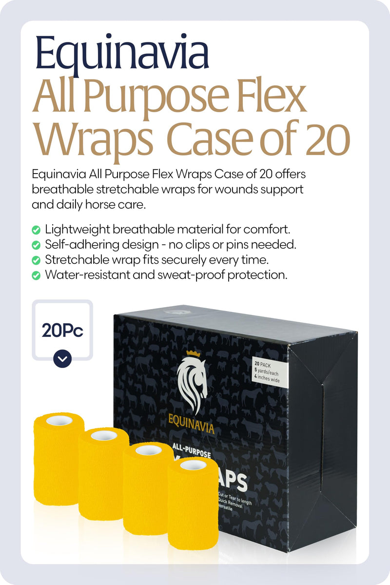 Equinavia 20 Pack Self Adhesive 4 Inch Vet Wraps with Easy-Dispenser Case | Bandages for Horses, Pets, Sports, Tattoo - Black - 20 x 5 yd - Yellow - 20 x 5 yd - PawsPlanet Australia