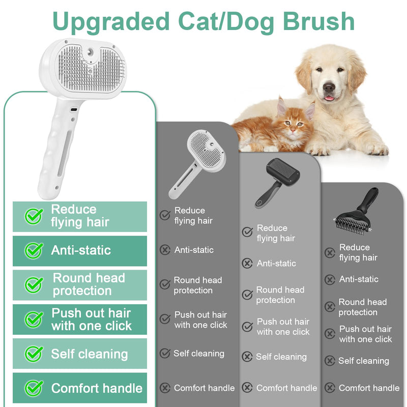 Dog Brush Cat Brushes for Shedding,Pet Steam Brush for Dogs Cats Spray Hair Removal Comb Steam Grooming for Long Short Haired Pets,Anti-Static Self Cleaning Grooming Tool Removes Loose Hair,white white
