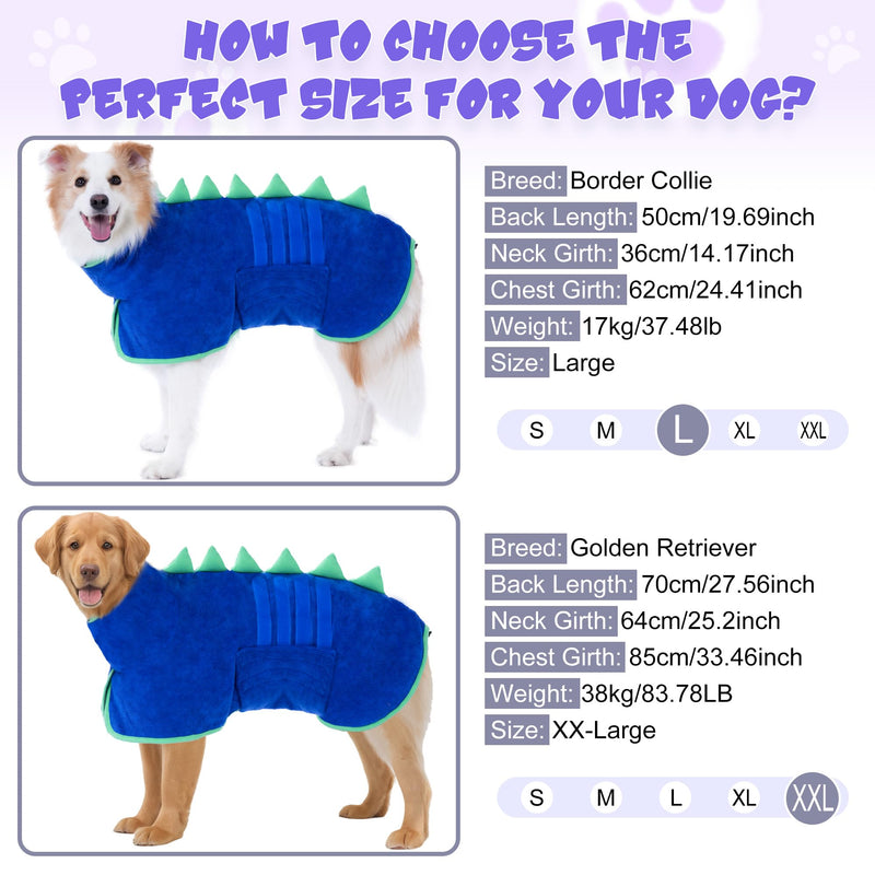 Super Absorbent Dog Bathrobe, Microfiber Bath Robe Towel for Fast Drying, Cozy Fit, Adjustable Belly Strap, Unique Dinosaur Design Dog Drying Coat for Bath, Rainy Walks & Cold Weather Blue, Green edging XX-Large - PawsPlanet Australia