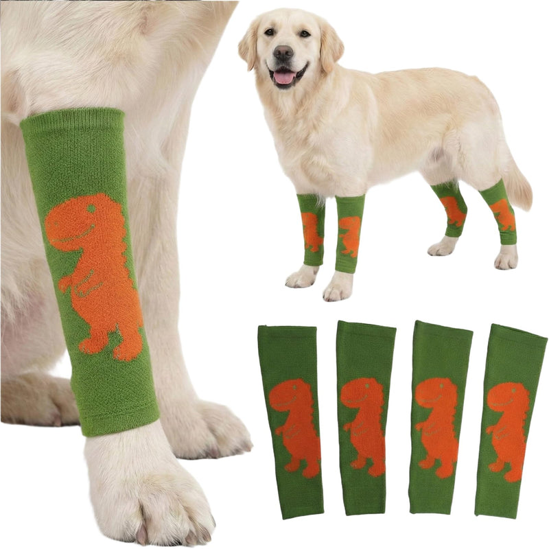 LovinPet 4-Pack Dog Knee Sleeves, Dinosaur-Style Leg Warmers for Medium & Large Dogs, 4-Way Stretch, Anti-Lick Coverage, Warm & Comfy Fit, One Size,Green Orange Green Orange