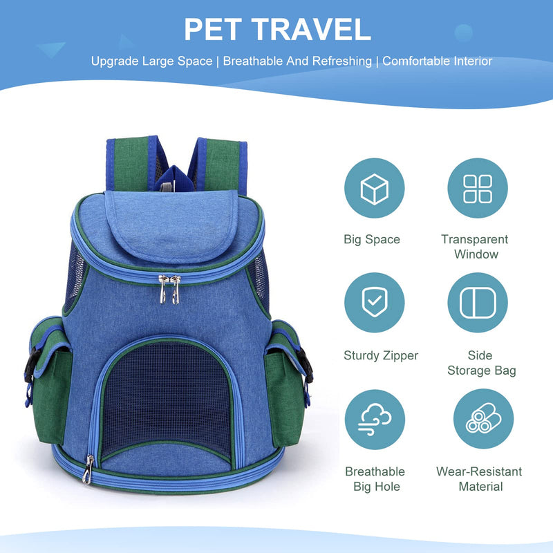 PETCUTE Cat Carrier Backpack for Cats and Small Dogs,Foldable Breathable Pet Carrier Backpack with Inner Safety Strap, Removable Mat,Dog Backpack Carrier with Side Pockets for Travel Camping Hiking M Dark Blue+Green - PawsPlanet Australia